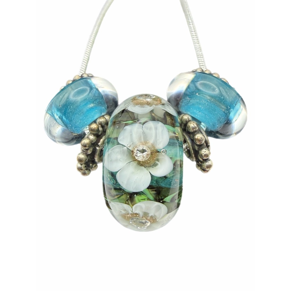 Murano Style Glass Flower Bead Necklace Silver Tone Snake Chain Blue White